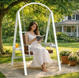 Porch Swing with Stand, 350lbs Heavy-Duty Metal Frame Outdoor Swing for Adults with Dual Side Trays, Adjustable Chains, Zippered Removable Cushion for