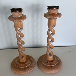 Pair of Barley twist wooden candlesticks