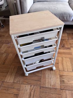 Rolling Storage Cart with 6 Bins and Wood Top