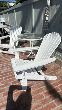 Adirondack chairs (2) white wood and glass & metal table