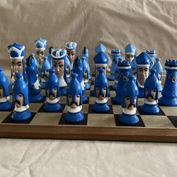 Vintage Medieval Ceramic Chess In Light & Dark Blue