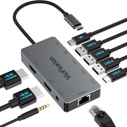 USB C Docking Station Dual Monitor, 9-in-1 USB Hub with 2 HDMI 4K@60HZ, 1×1000Mbps Ethernet, 3× USB 3.0, 1× Type C, 1× PD Charging, 1×3.5mm Audio, HDM