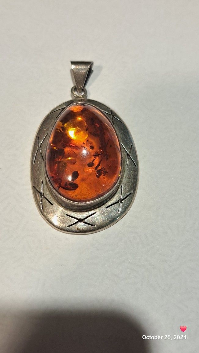 Genuine Copal Set In Sterling Silver Pendant 