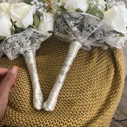 2 Handmade Bouquet Flowers For Wedding Off White Gold And White 
