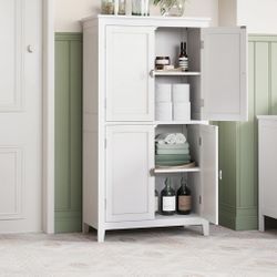 Floor Storage Cabinet, Freestanding Storage Unit with 4 Doors, Adjustable Shelves, 11.8 x 23.6 x 43.3 Inches, for Entryway, Bathroom, White UBBC552P31