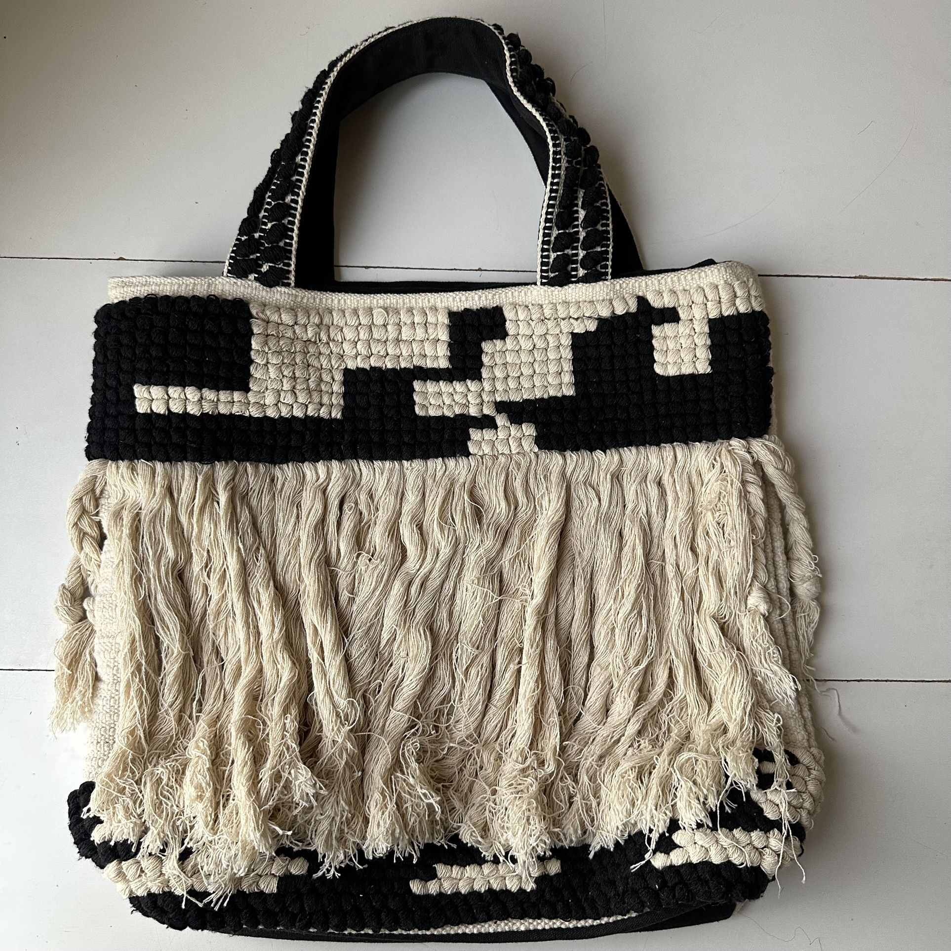 Bay Sky Black White Boho Woven Macrame Tassel Large Tote Magnetic Clasp Bag