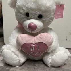 White Teddy Bear with heart that says #1 Mom