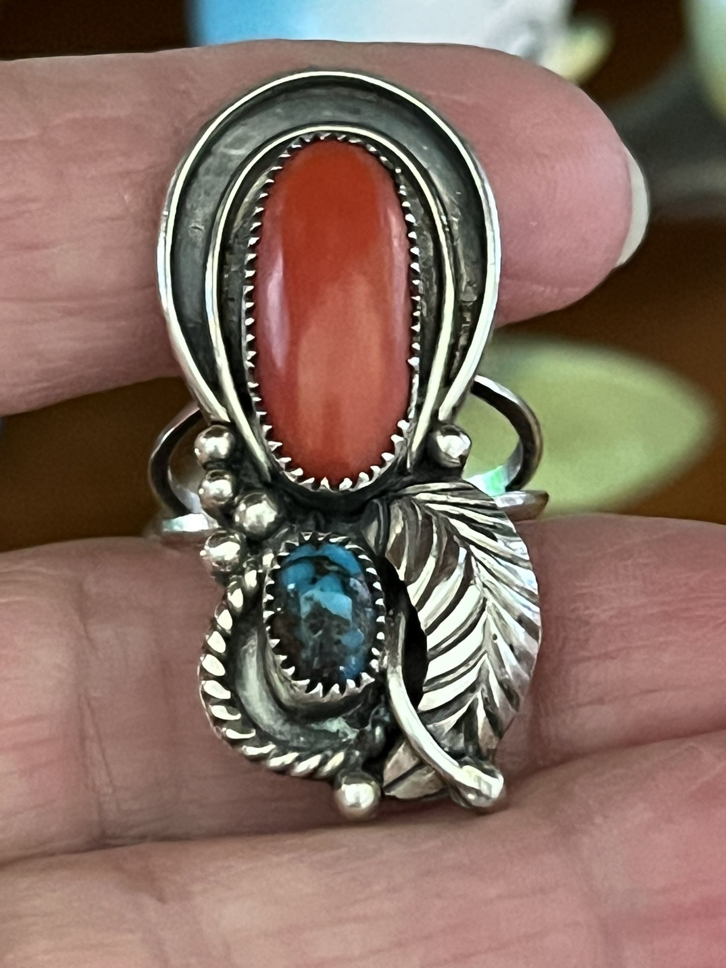 Vintage Navajo Sterling Silver, Turquoise, & Coral Ring