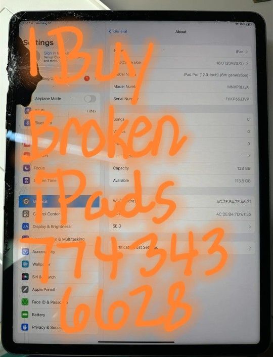 Apple iPad Pro 12.9" 6th Gen /w 128GB Wi-Fi 6E Face ID Space Gray -DAMAGED
