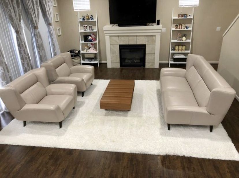 Pewter Binata Leather Sofa and Two Chairs Set by Domicil from Dania Furniture