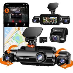 360° Dash Cam Front and Rear Inside, 4 Channel FHD 4 * 1080P, Wi-Fi GPS Voice Control Car Camera, Front 2K+1080P*2 Dash Camera for Cars, with 64GB SD 
