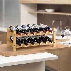 2 Tiers Bamboo Wine Rack Countertop Wine Display Stand Wine Storage Rack-Wine Bottle Holder for Home Living Room Kitchen Bar