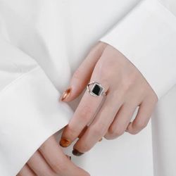 925 Sterling Silver Ring Black Square