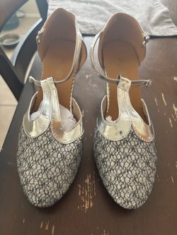 Silver Glitter T-Strap Heels