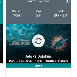 2 Seats - Miami Dolphins vs Jets Monday Night Football Tickets 