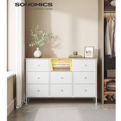SONGMICS Chest of Drawers, Fabric Dresser with Power Outlets and LED Lights, 25 Colors, 8 Drawers, TV Stand for up to 60 Inch TVs, 11.8 x 47.2 x 31.3 