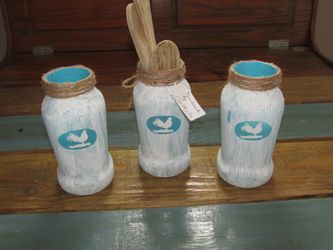 Handmade chalk paint holders with rooster silhouette and jute chord