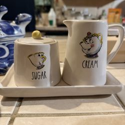 Rae Dunn Beauty & the Beast Chip & Mrs Potts Cream Sugar Set with Tray