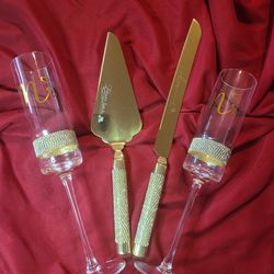 Cute Stuff For Marriage...Mrs. Champagne Flute / Mr. Champagne Flute / Cake Knife / Cake Server.