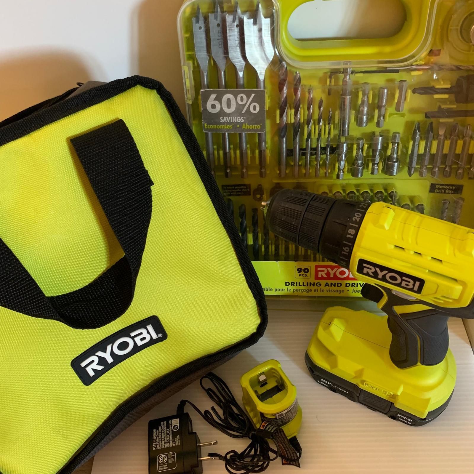RYOBI Drill & 90pc Driving Kit w/ Bag