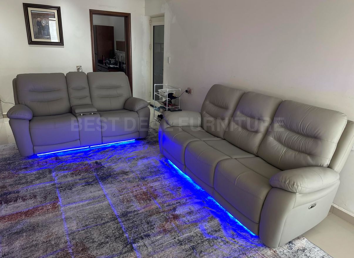 Light gray power reclining couch set 3 pc