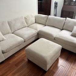 New Corduroy Fabric Sectional.  Off White / Beige.  99” X 99”.  Free Delivery!