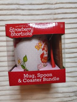 Strawberry Shortcake mug, spoon, coaster bundle