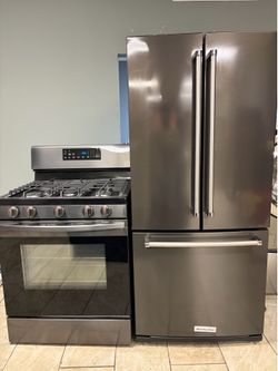 KitchenAid french door refrigerator &. Samsung gas range set black stainless steel