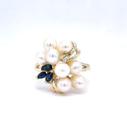 14K Yellow Gold Pearl Diamond & Sapphire Cluster Ring | Freshwater Cultured, Round & Marquise 0.09 TCW, I I1, Size 7