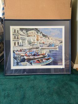 "Boats at rest in Greece", framed & signed art