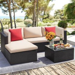 Huang 5 Piece Patio Conversation Set All Weather Wicker Rattan Sofa 3-4 Persons Outdoor Sectional Seating Group with Cushions, Pillows & Glass Table f