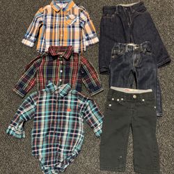 Bundle of boys 12 month outfits - plaid shirts (2 are onesie shirts) and 3 pair of jeans