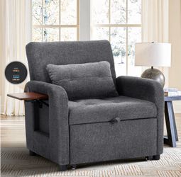 Convertible Sleeper Chair-Fabric Futon Sofa Bed, Single Sleeper Sofa, Small Couch Bed with USB Port, Foldable Table, Pillow, Adjustable Backrest for D
