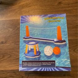 Inflatable Pool Float Set Volleyball Net and Basketball Hoops; Balls Included
