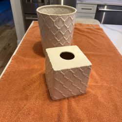 NEW ..white Ceramic Tissue Holder Dispenser  With Matching Trash Can  