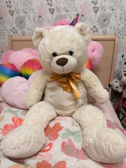 Large White Plush Teddy Bear with Gold Bow