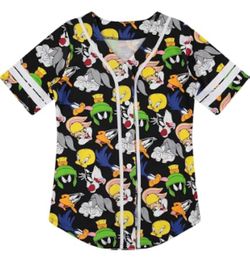 Ladies Looney Tunes Baseball Jersey - Lola Bunny, Tweety, Bugs and Taz Mesh Button Down Baseball Jersey (Black White, Small)