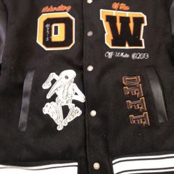Off white varsity jacket.          S, M, 