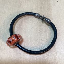 Pandora Leather Bracelet With Orange 925 Glass Bead 6 1/4”