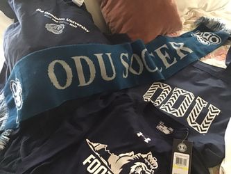 ODU shirts (6) some new, some older and some used. New scarf, new hat, dorm sheets, new canvas ODU bag, ODU sweatshirt,