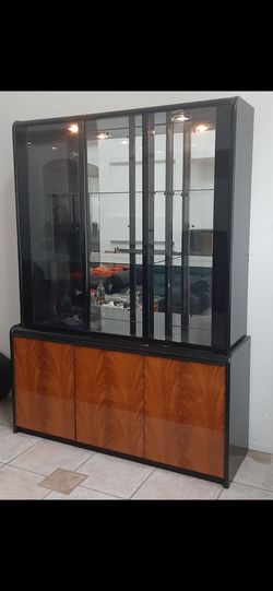 Glass Wooden Cabinet in Black/Brown at 58" x 18" x 80"