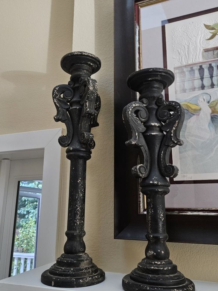Pair Of Wooden Antique Candlesticks 24" Tall