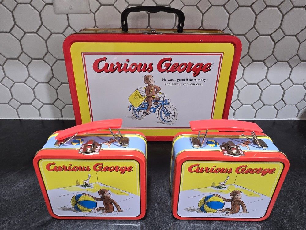 Vintage 1998 Curious George Tin Metal Lunch Box And 2 Mini Tin Lunch Boxes