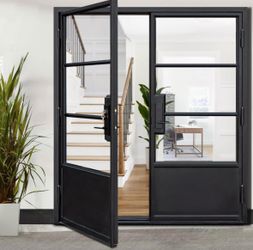72x81 Matte Black French Iron Double Door Made of Steel | 3-Lite with kickplate Left outswing Entryway | Complete with Handle and Lock | Modern Front