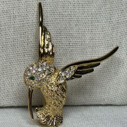 Gold Tone Rhinestone, Green Eyed Hummingbird Brooch