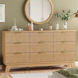 Fluted Dresser for Bedroom with 9 Drawers, 57" Wide Modern Chest of Drawers with Metal Handle, Wooden Dresser TV Stand, Wood Closet Clothes Storage Or