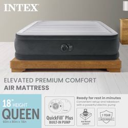 INTEX Dura-Beam Deluxe Comfort-Plush Elevated – Queen Size – Built-in Electric Pump – 18in Bed Height – 600lb Weight Capacity