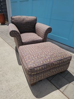 Lovely custom built upholstered chair with ottoman