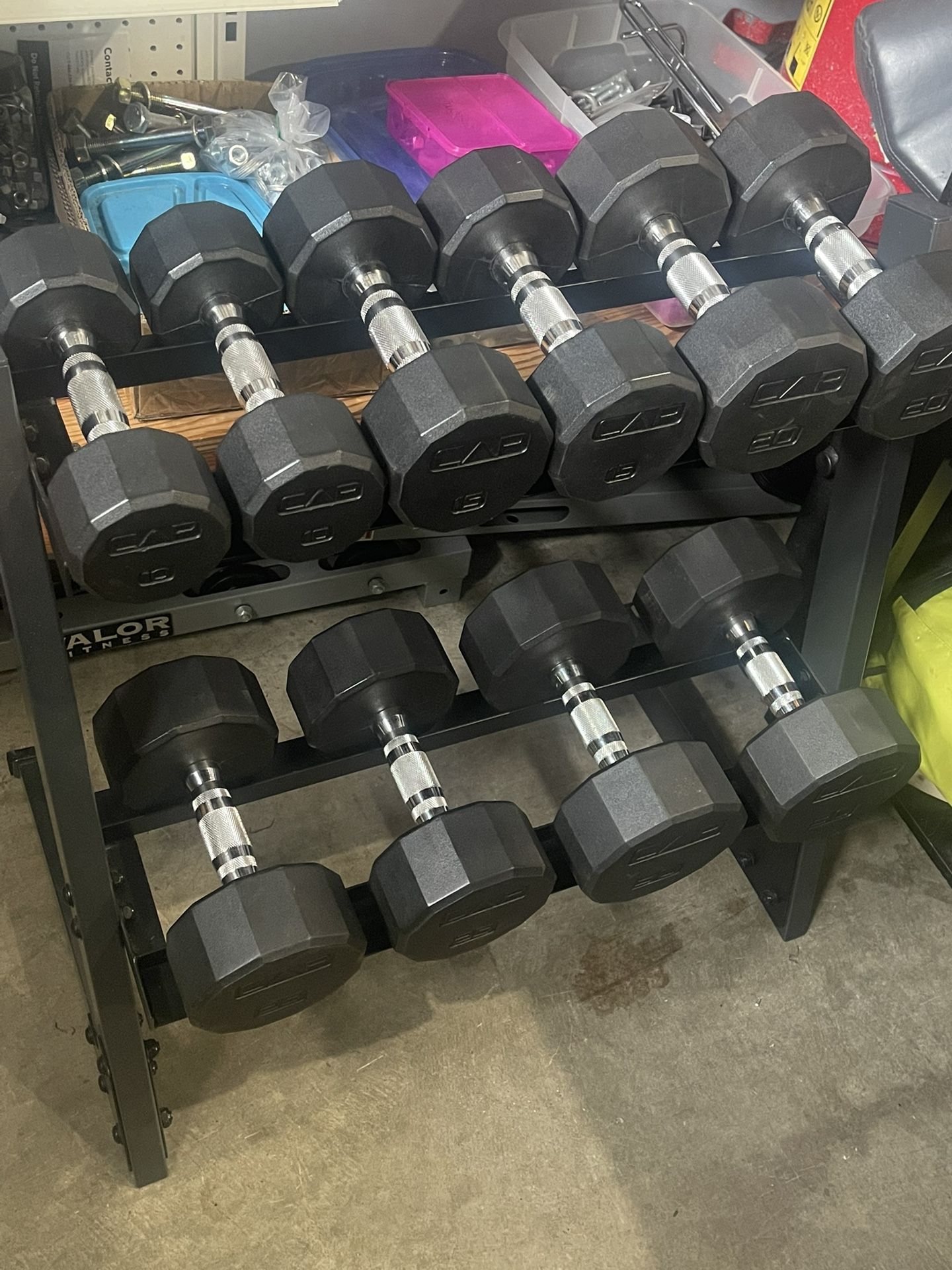 Cap rubber dumbbells with rack