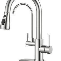 FORIOUS Kitchen Faucets with Water Filter, 2 in 1 Stainless Steel Pull Down Sink Faucet and Purified Water Faucet Rustic High Arc Single Handle with D